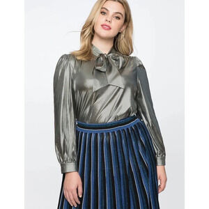 ELOQUII Women's Silver Gold Bronze Metallic Bow Long Sleeve Blouse Size 20 NWT